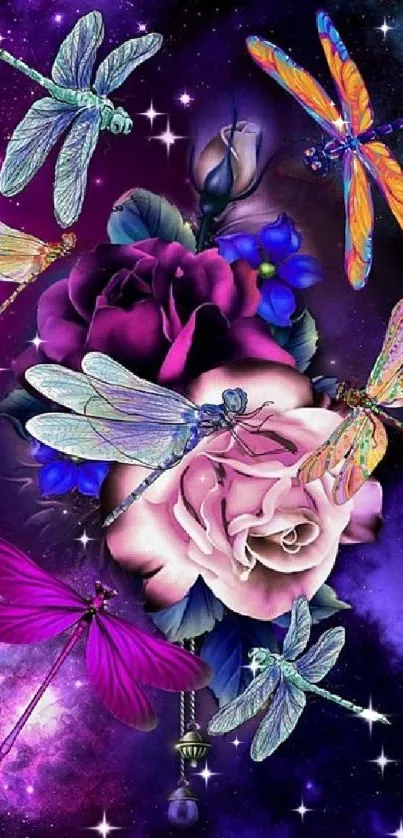 Vibrant galaxy wallpaper with dragonflies and flowers.