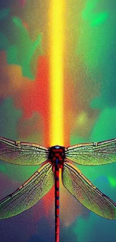 Vibrant wallpaper featuring a glowing dragonfly with a colorful neon background.