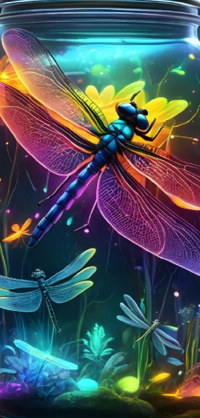 Vibrant dragonflies inside a glowing jar art.