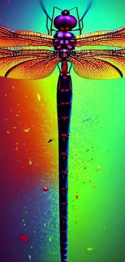 Colorful dragonfly art with vibrant green and orange hues on a mobile wallpaper.