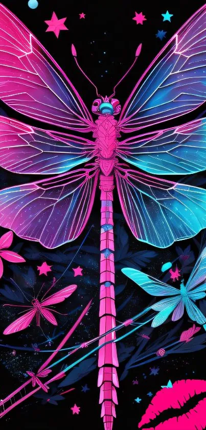 Vibrant neon dragonfly with pink and blue hues, embellished with stars and flowers.