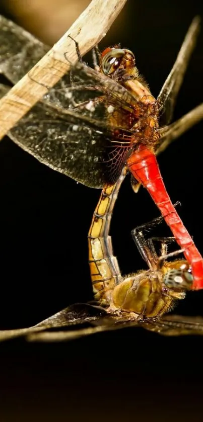 Close-up of two vibrant dragonflies on a branch.