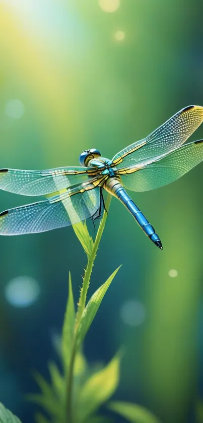 Colorful dragonfly resting on a vibrant green plant.