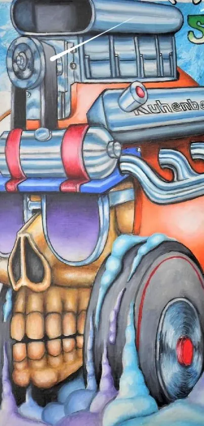 Vibrant art of a dragster engine with colorful skull theme.