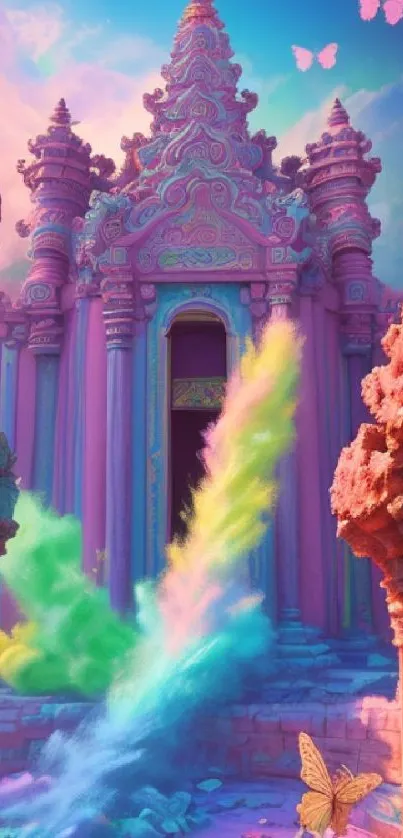 Colorful dream temple with vibrant hues and mystical butterflies.