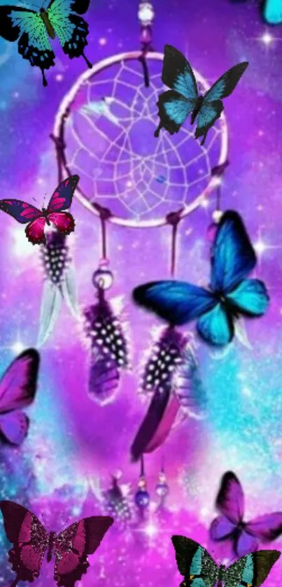 Dreamcatcher with butterflies on a purple galaxy background.