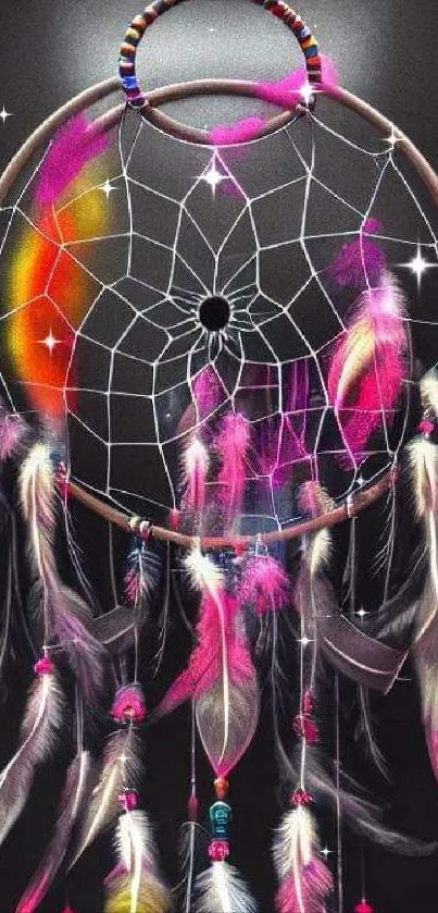 Vibrant dreamcatcher with colorful feathers on a dark background.