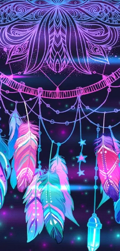 Vibrant neon dreamcatcher with colorful feathers on a dark background.