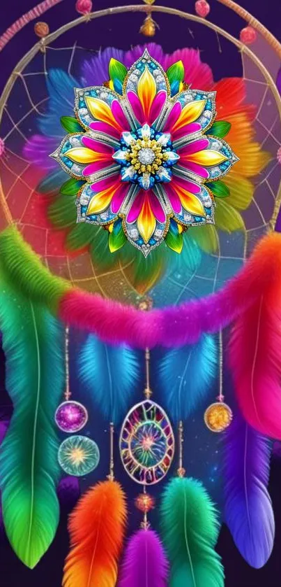 Colorful dreamcatcher with feathers on purple background.