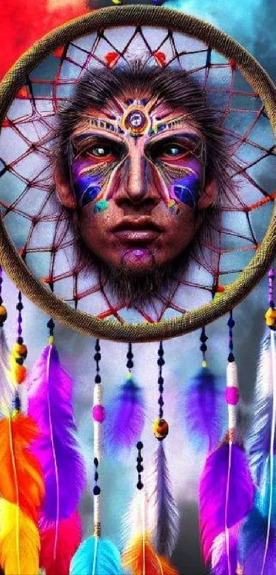 Vibrant dreamcatcher with colorful feathers and mystical designs on a mobile wallpaper.