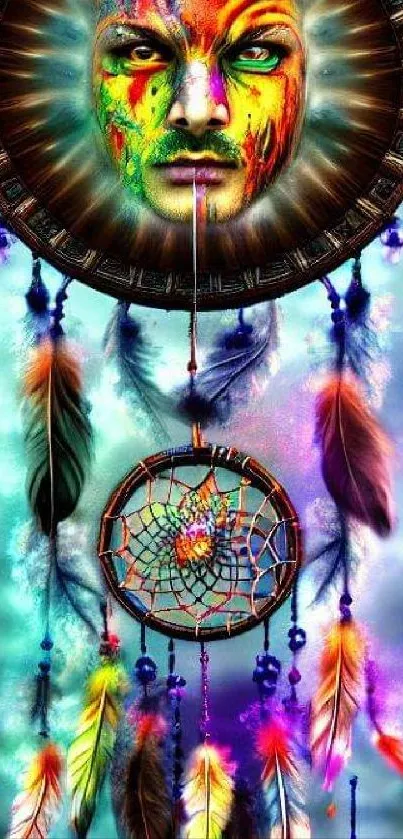 Vibrant dreamcatcher with colorful face and feathers on a mystical backdrop.