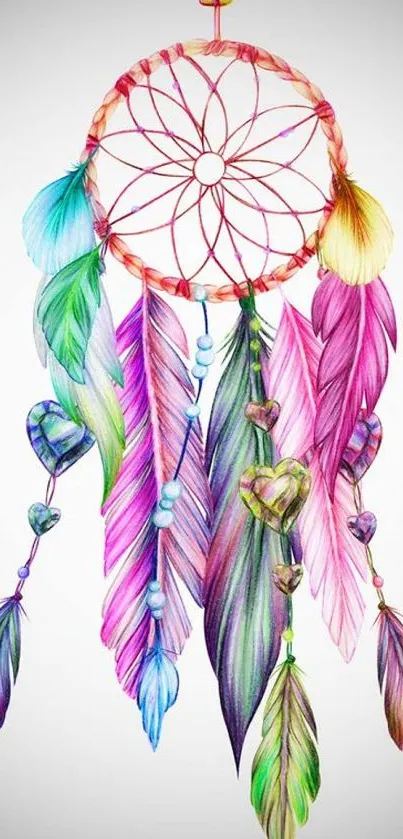 Vibrant dreamcatcher with colorful feathers on mobile wallpaper.