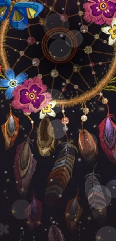 Vibrant dreamcatcher art with feathers and flowers.