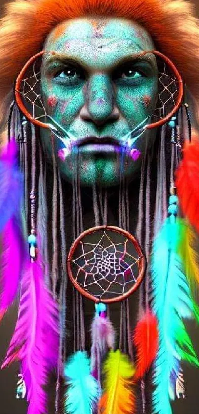 Colorful tribal face with dreamcatcher art and vibrant feathers.