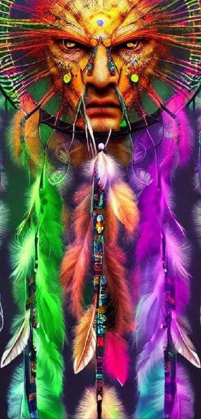 Vibrant dreamcatcher with colorful feathers on a dark background.