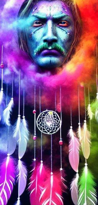 Colorful dreamcatcher artwork with vibrant feathers and mystical face.