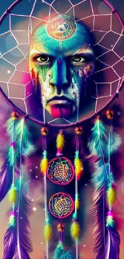 Vibrant dreamcatcher art with feathers on a cosmic background wallpaper.