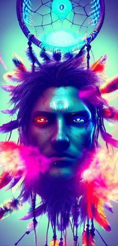 Neon dreamcatcher with tribal face and vibrant feathers in glowing colors.