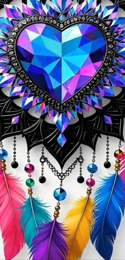 Vibrant dreamcatcher with geometric heart and colorful feathers.