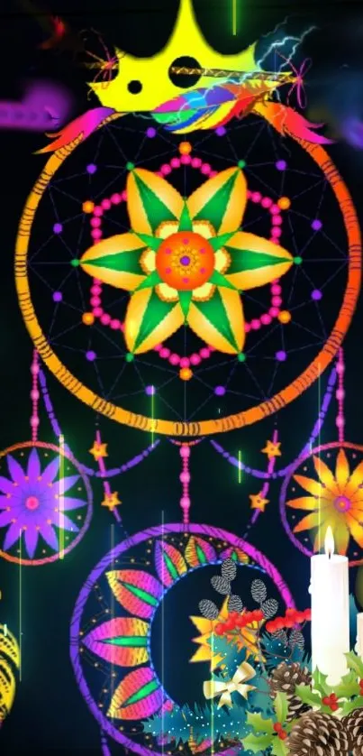 Vibrant dreamcatcher with colorful patterns and candles on a dark background.