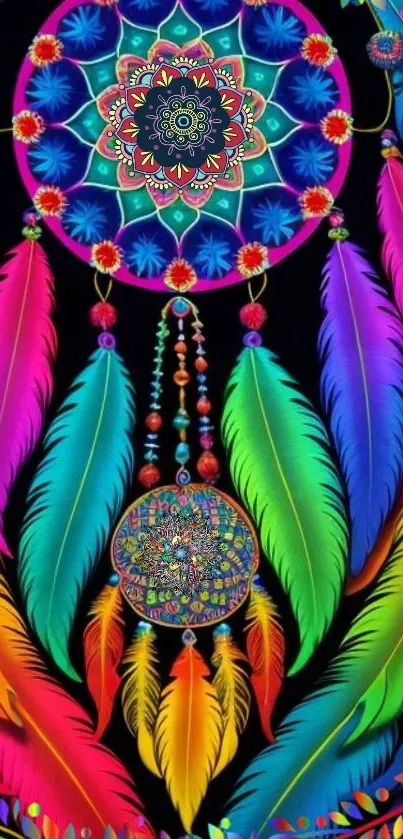 Vibrant dreamcatcher wallpaper with colorful feathers and intricate designs on a dark background.