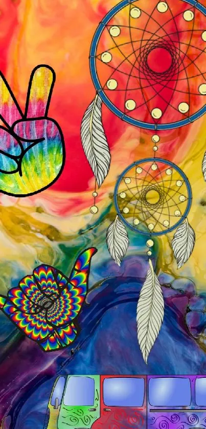 Colorful dreamcatcher wallpaper with peace symbols and hippie van design.