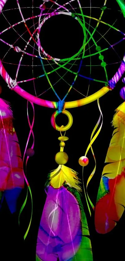 Vibrant dreamcatcher with colorful feathers on a black background.