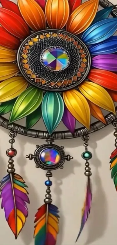 Vibrant dreamcatcher with colorful feathers