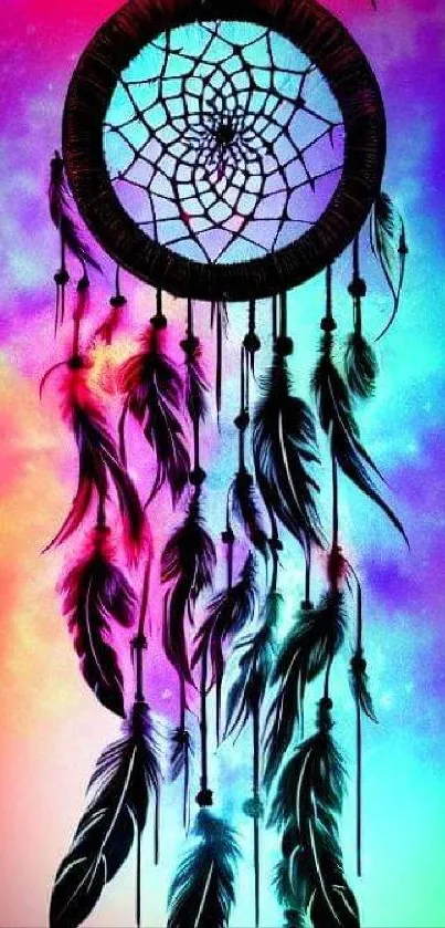 Vibrant dreamcatcher wallpaper with colorful gradient and feathers.