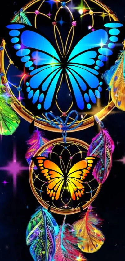 Vibrant butterfly dreamcatcher with vivid feathers on a cosmic background.