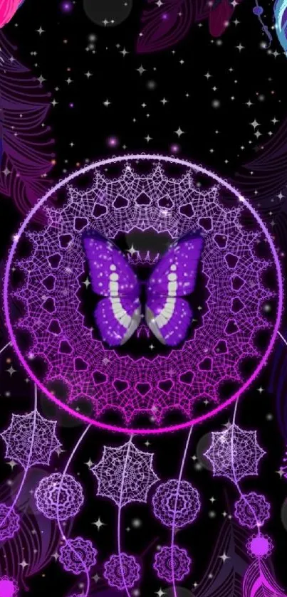 Purple dreamcatcher with butterfly and feathers on a celestial background.