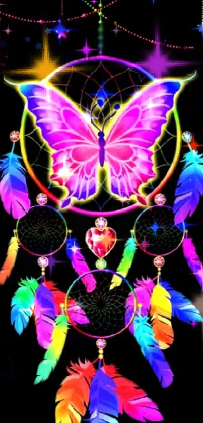 Colorful neon dreamcatcher with butterfly on a black background.