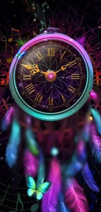 Vibrant dreamcatcher clock with colorful feathers and a mystical background.