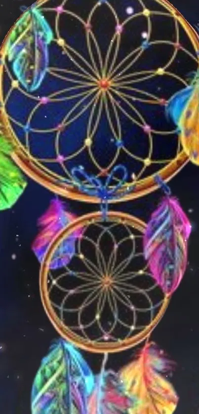 Vibrant dreamcatcher with galaxy backdrop, featuring colorful feathers.