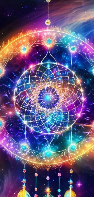 Vibrant dreamcatcher set against a colorful galaxy background.