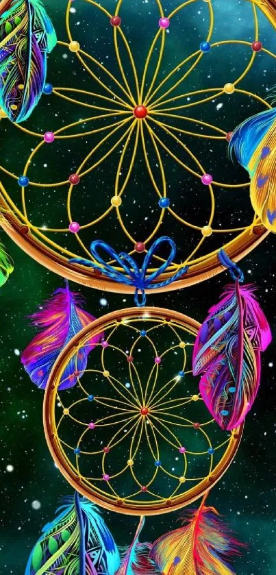 Vibrant dreamcatcher with colorful feathers on a green starry background.