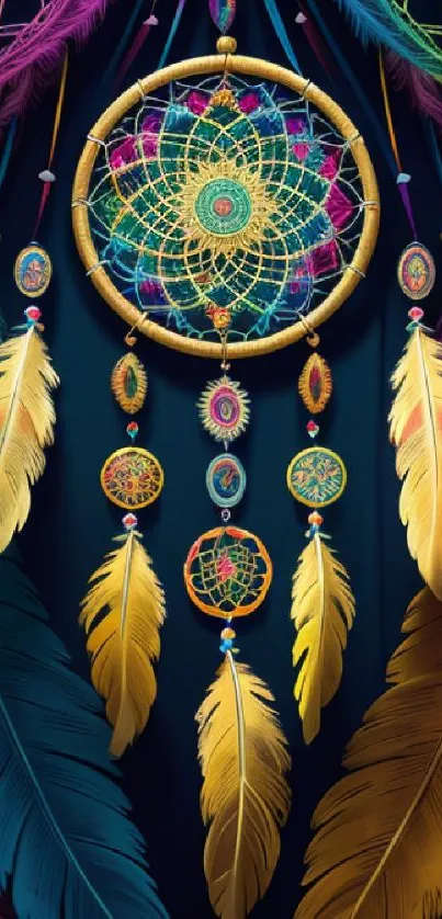 Vibrant dreamcatcher with colorful feathers and intricate patterns on dark background.