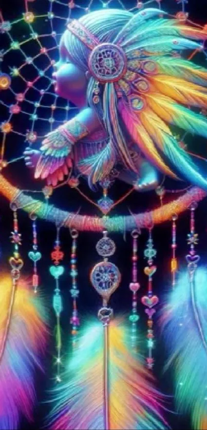 Colorful dreamcatcher with feathers mobile wallpaper.