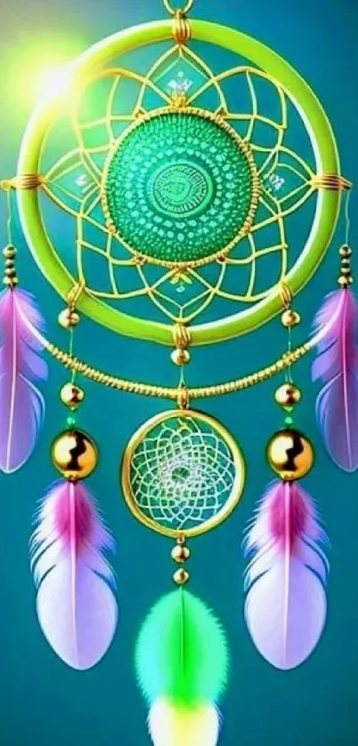 Vibrant dreamcatcher with colorful feathers on teal background.