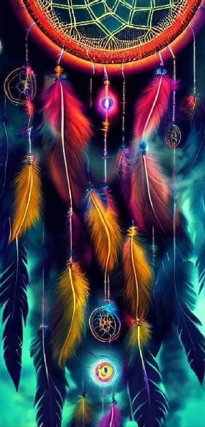 Dreamcatcher wallpaper with vibrant feathers and teal background.