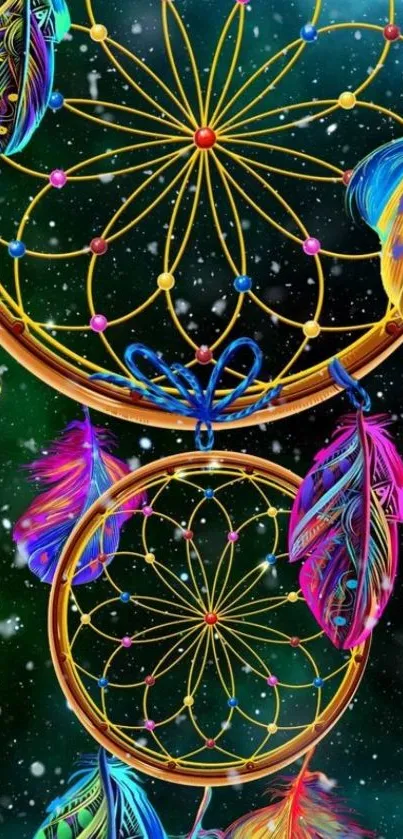 Vibrant dreamcatcher with colorful feathers on a starry dark green background.