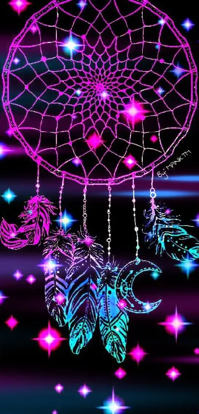 Neon dreamcatcher with vibrant colors and stars on a dark background.