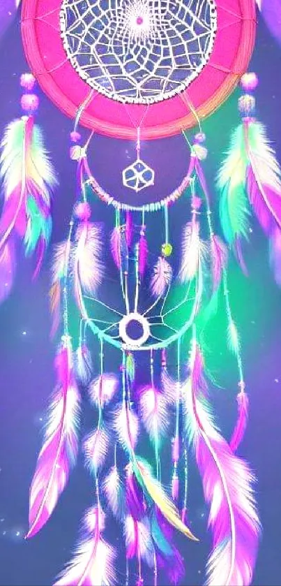 Colorful dreamcatcher with neon feathers and vibrant design.