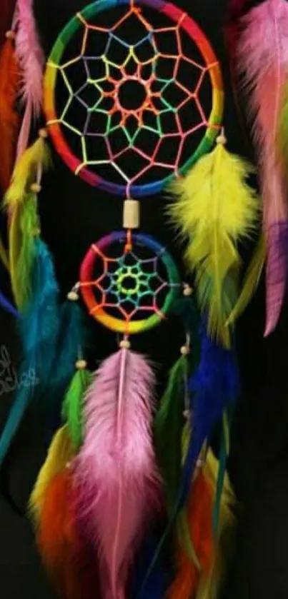 Vibrant dreamcatcher with multicolored feathers on a black background.