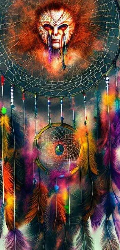 Vibrant dreamcatcher with colorful feathers against a mystical background.