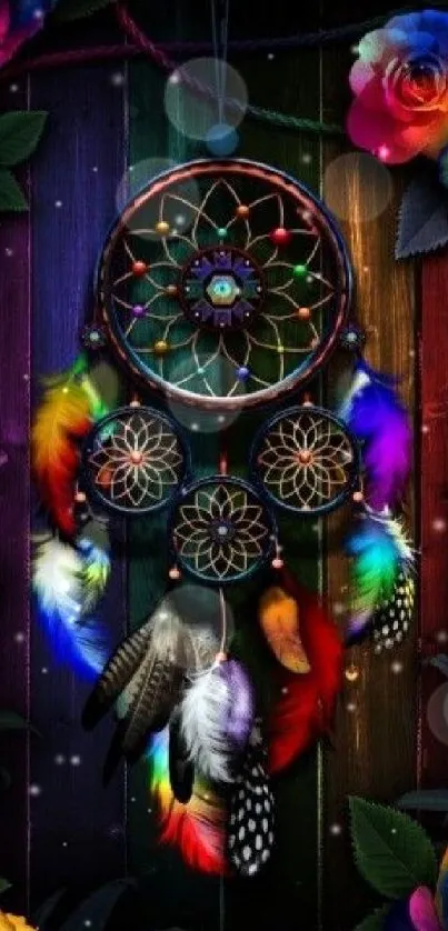 Vibrant dreamcatcher with colorful feathers and roses.