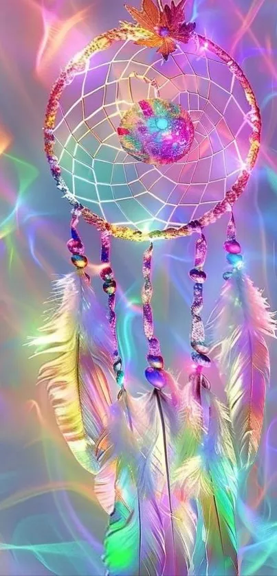 Colorful dreamcatcher with feathers on rainbow background