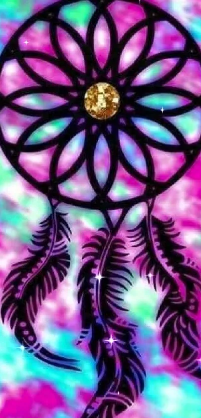 Vibrant dreamcatcher with feathers on colorful background.