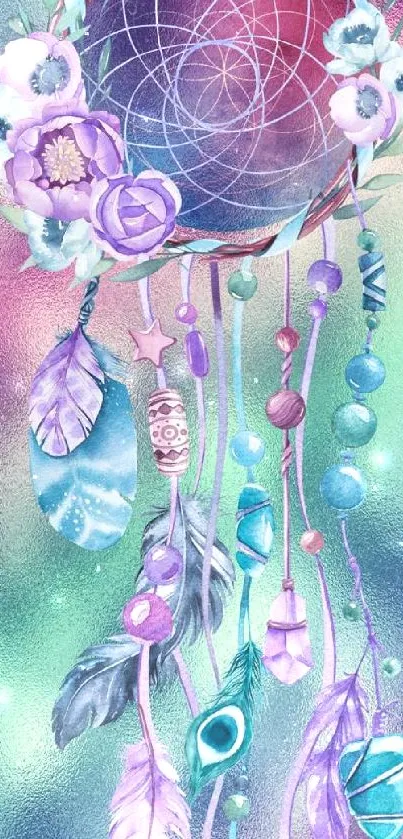 Vibrant dreamcatcher with colorful feathers and flowers on a purple background.