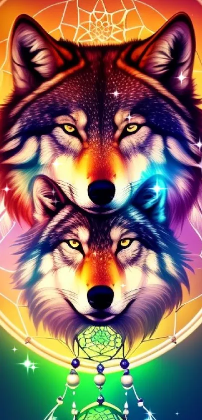 Vibrant dreamcatcher wolf art in vivid colors.